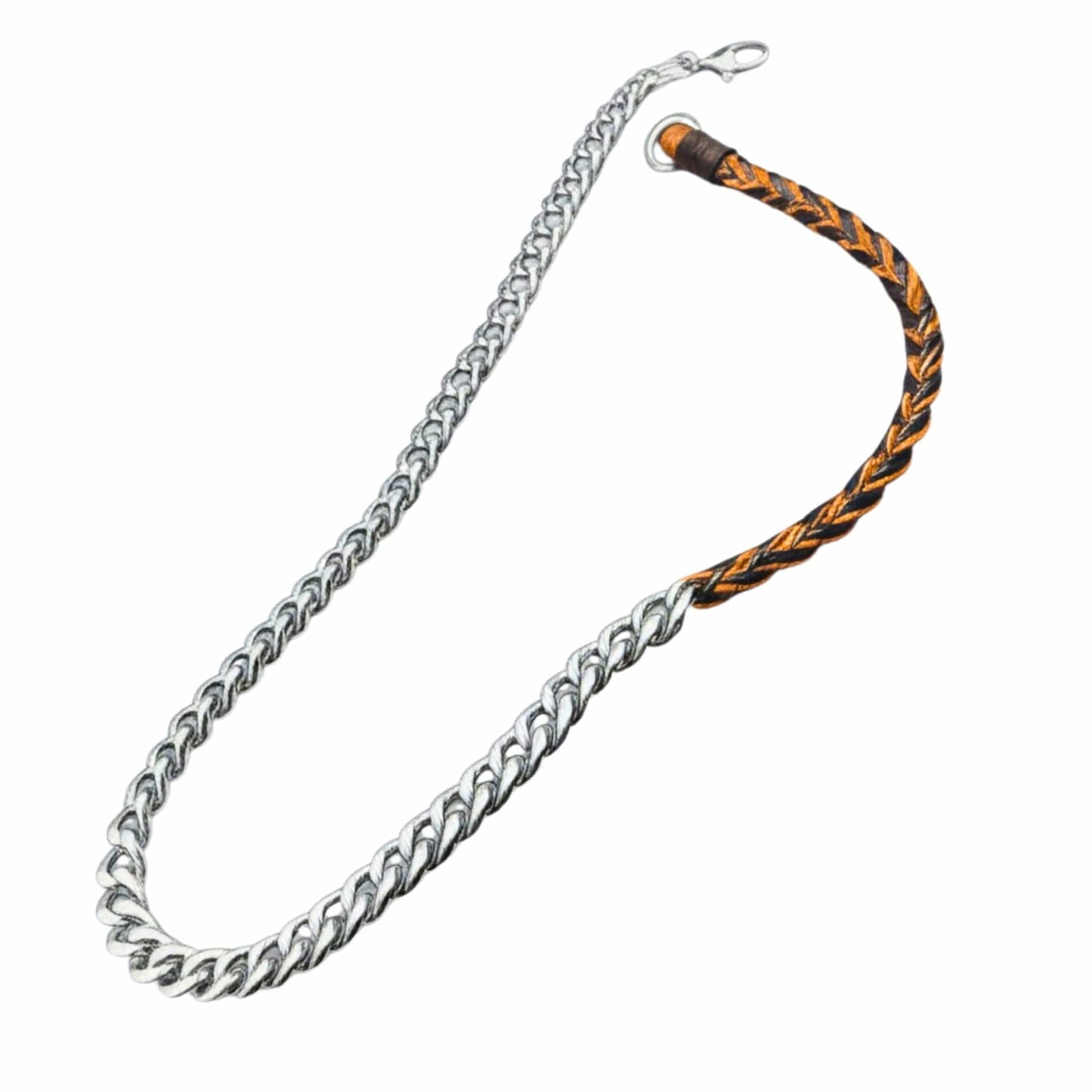 THE MEN THING Leather Necklace CURBLINK BRAID - Pure Titanium Steel Chain with Drak Brown Beaded Rope Necklace for Men and Boys - 17inch