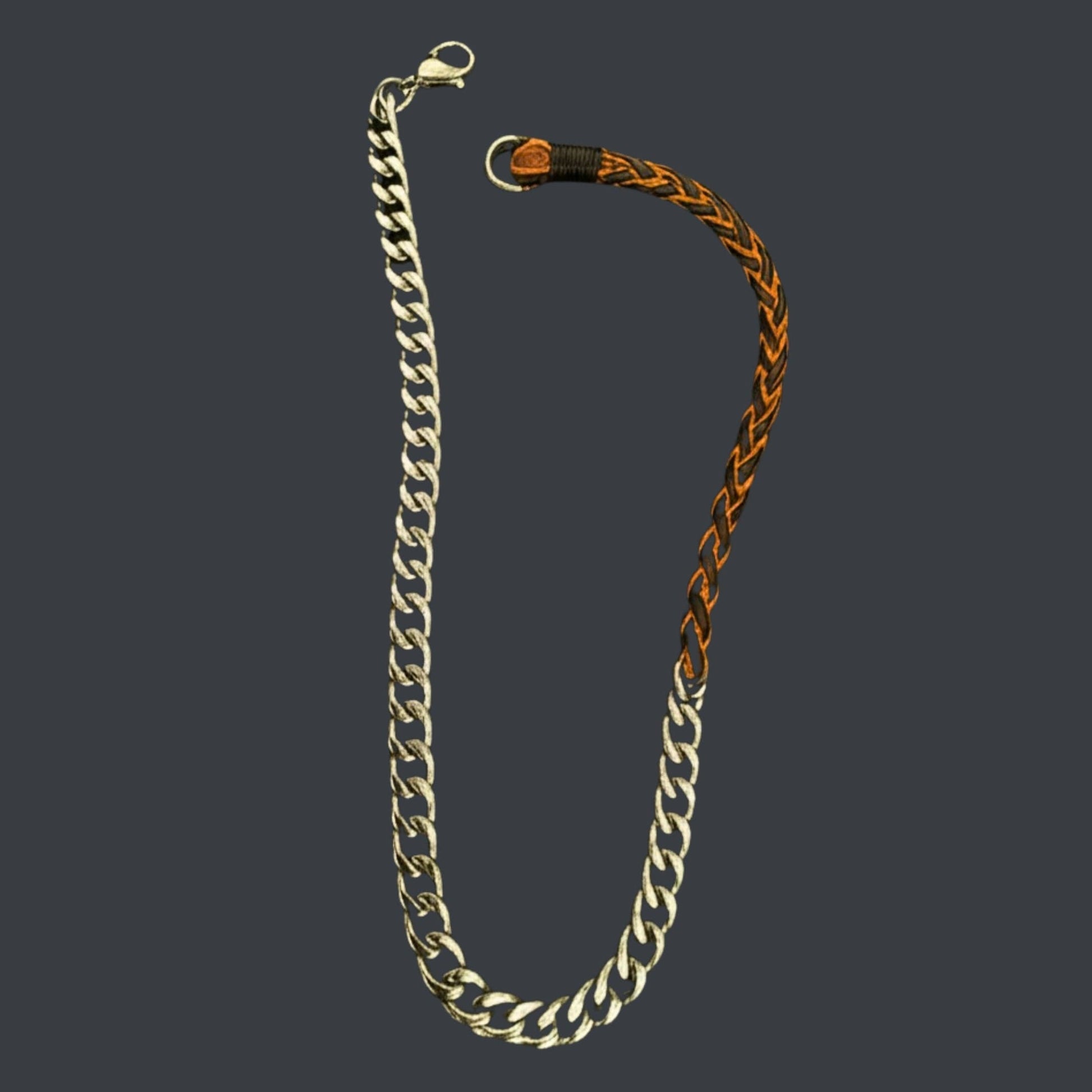 THE MEN THING Leather Necklace CURBLINK BRAID - Pure Titanium Steel Chain with Drak Brown Beaded Rope Necklace for Men and Boys - 17inch