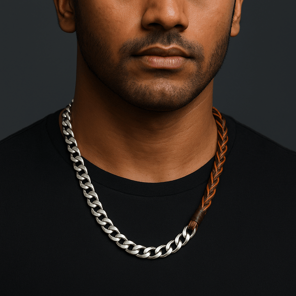 CURBLINK BRAID - Pure Titanium Steel Chain with Drak Brown Beaded Rope Necklace for Men and Boys - 17inch