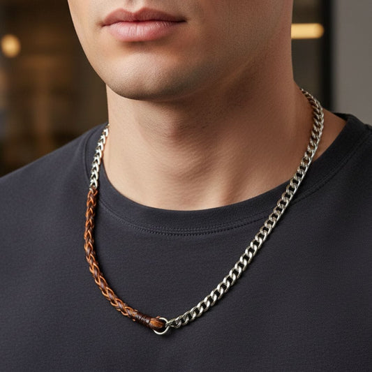 THE MEN THING Leather Necklace CURBLINK BRAID - Pure Titanium Steel Chain with Drak Brown Beaded Rope Necklace for Men and Boys - 17inch