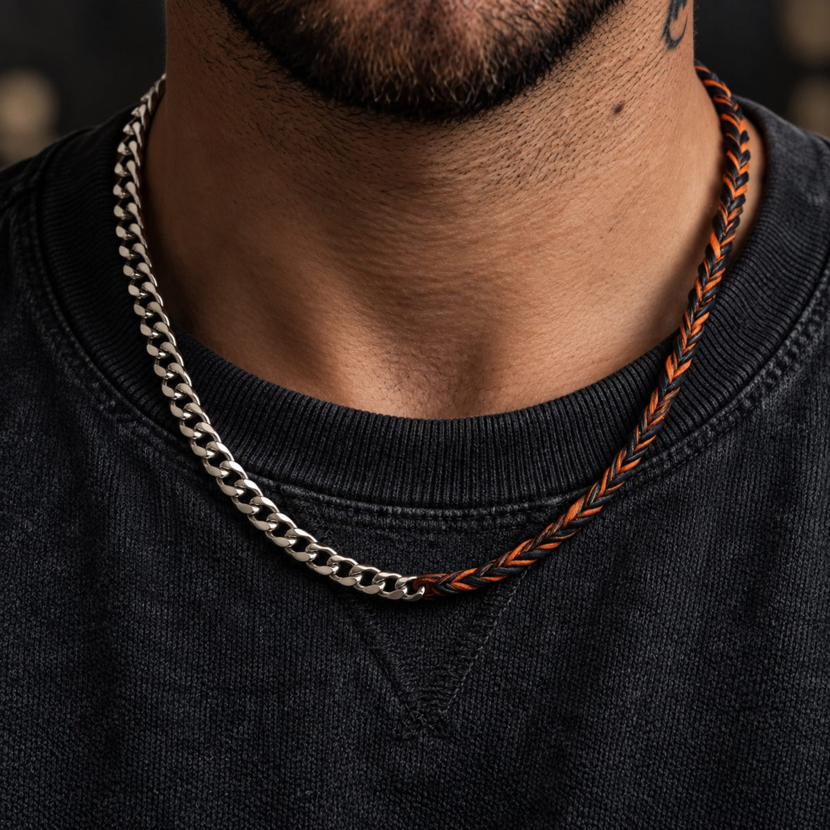THE MEN THING Leather Necklace CURBLINK BRAID - Pure Titanium Steel Chain with Drak Brown Beaded Rope Necklace for Men and Boys - 17inch