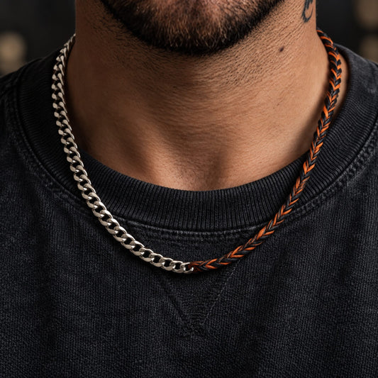 THE MEN THING Leather Necklace CURBLINK BRAID - Pure Titanium Steel Chain with Drak Brown Beaded Rope Necklace for Men and Boys - 17inch