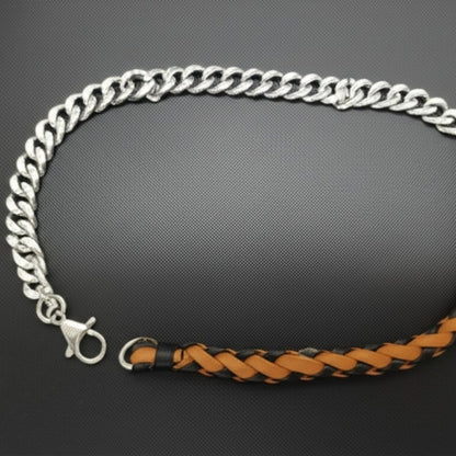 THE MEN THING Leather Necklace CURBLINK BRAID - Pure Titanium Steel Chain with Mustard Yellow and Black Beaded Rope Necklace for Men and Boys - 17inch
