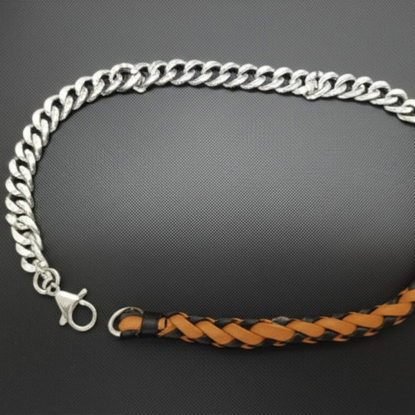 CURBLINK BRAID - Pure Titanium Steel Chain with Mustard Yellow and Black Beaded Rope Necklace for Men and Boys - 17inch