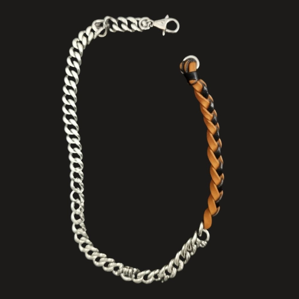 THE MEN THING Leather Necklace CURBLINK BRAID - Pure Titanium Steel Chain with Mustard Yellow and Black Beaded Rope Necklace for Men and Boys - 17inch