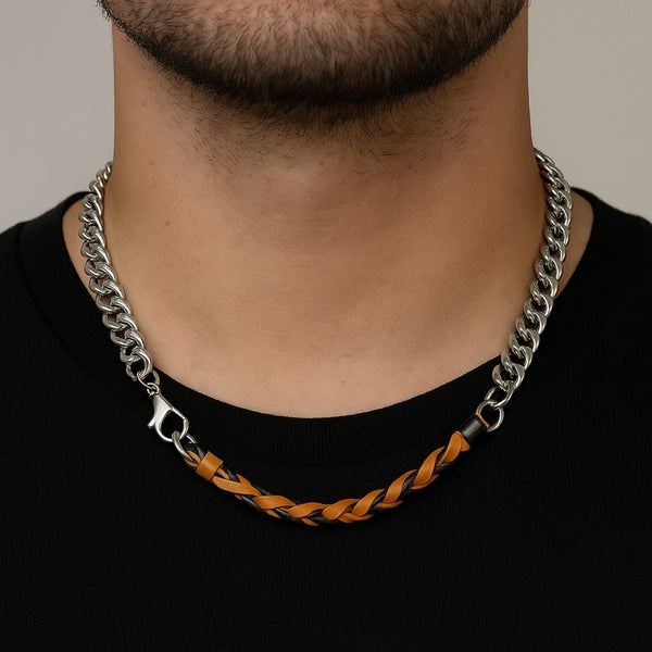 CURBLINK BRAID - Pure Titanium Steel Chain with Mustard Yellow and Black Beaded Rope Necklace for Men and Boys - 17inch