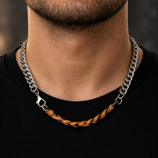 THE MEN THING Leather Necklace CURBLINK BRAID - Pure Titanium Steel Chain with Mustard Yellow and Black Beaded Rope Necklace for Men and Boys - 17inch