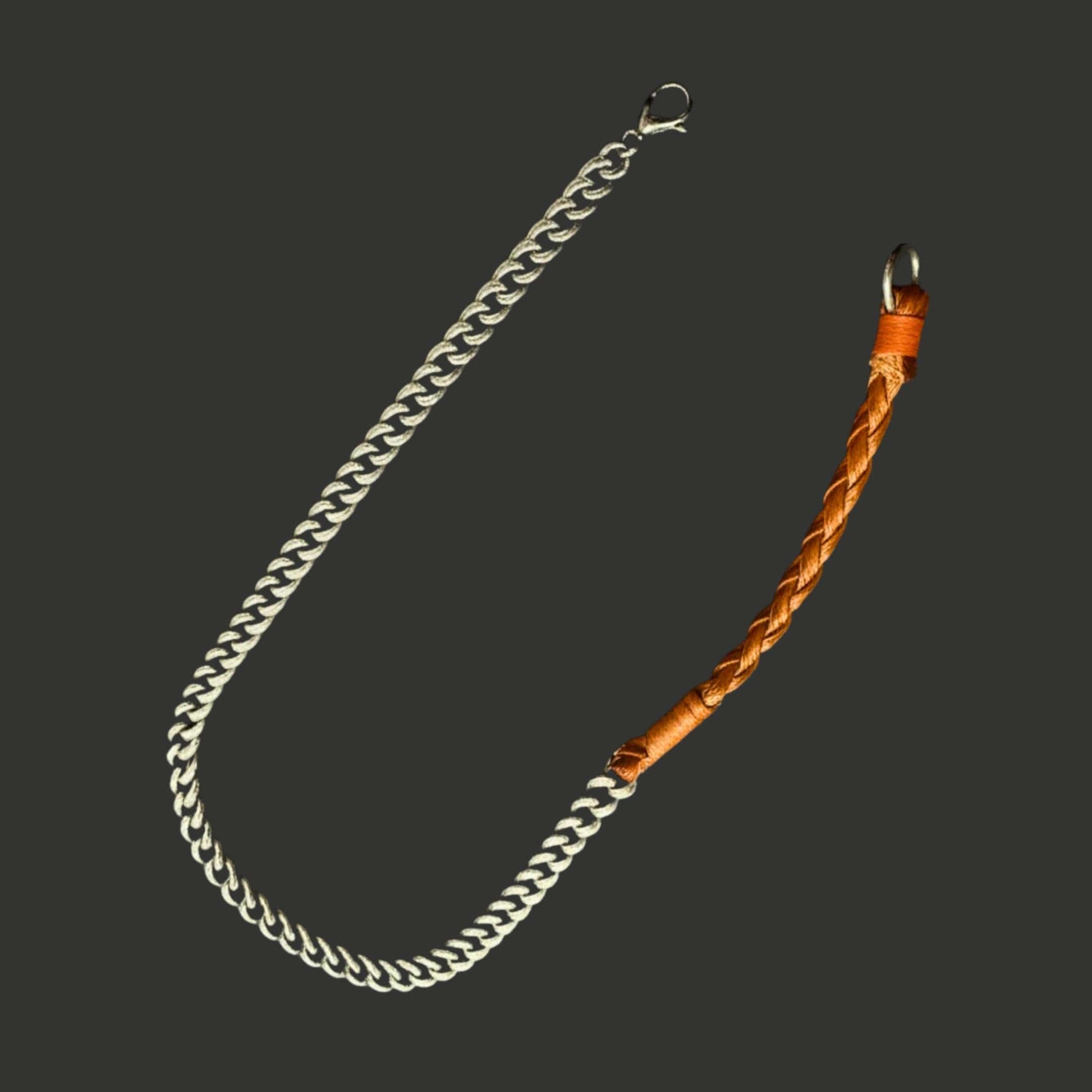 THE MEN THING Leather Necklace CURBLINK BRAID - Pure Titanium Steel Chain with Orange-Brown Beaded Rope Necklace for Men and Boys - 17inch