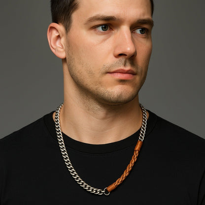 THE MEN THING Leather Necklace CURBLINK BRAID - Pure Titanium Steel Chain with Orange-Brown Beaded Rope Necklace for Men and Boys - 17inch