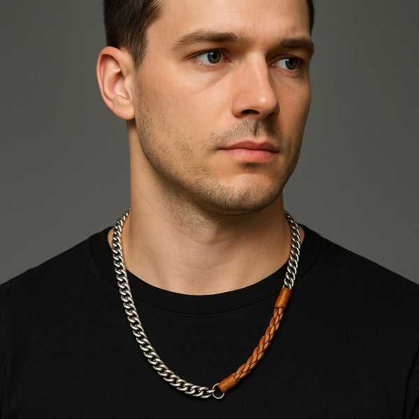 CURBLINK BRAID - Pure Titanium Steel Chain with Orange-Brown Beaded Rope Necklace for Men and Boys - 17inch