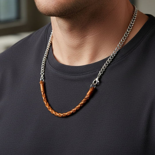 THE MEN THING Leather Necklace CURBLINK BRAID - Pure Titanium Steel Chain with Orange-Brown Beaded Rope Necklace for Men and Boys - 17inch