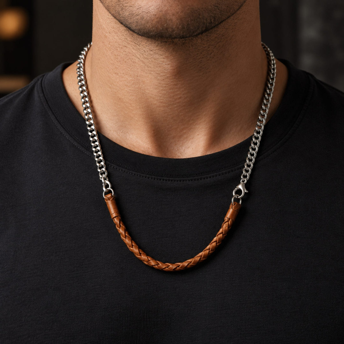 THE MEN THING Leather Necklace CURBLINK BRAID - Pure Titanium Steel Chain with Orange-Brown Beaded Rope Necklace for Men and Boys - 17inch