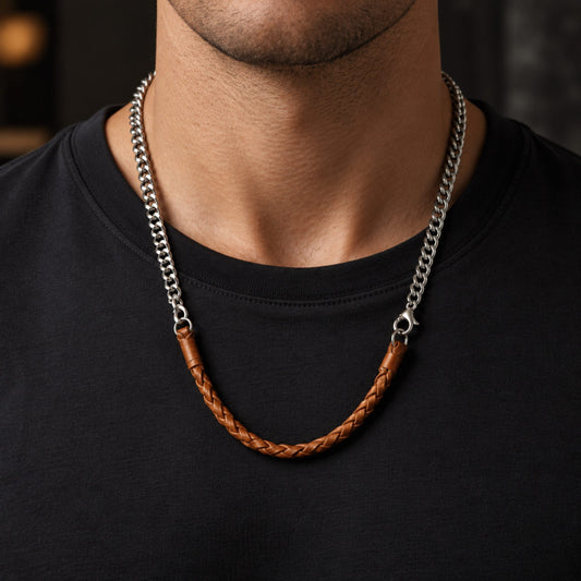 THE MEN THING Leather Necklace CURBLINK BRAID - Pure Titanium Steel Chain with Orange-Brown Beaded Rope Necklace for Men and Boys - 17inch