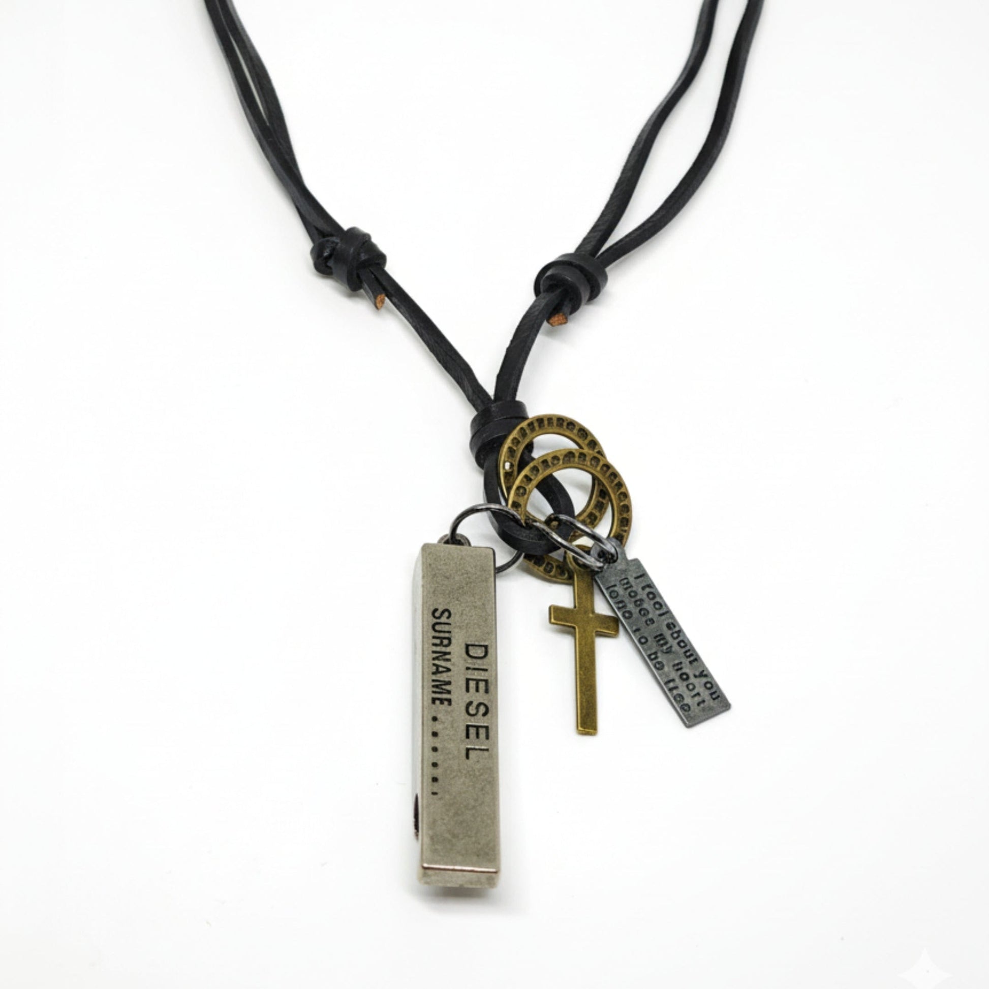 THE MEN THING Leather Necklace DIESEL FAITH – 2-Inch Pure Stainless Steel Pendant with Adjustable Leather Rope for Men & Boys