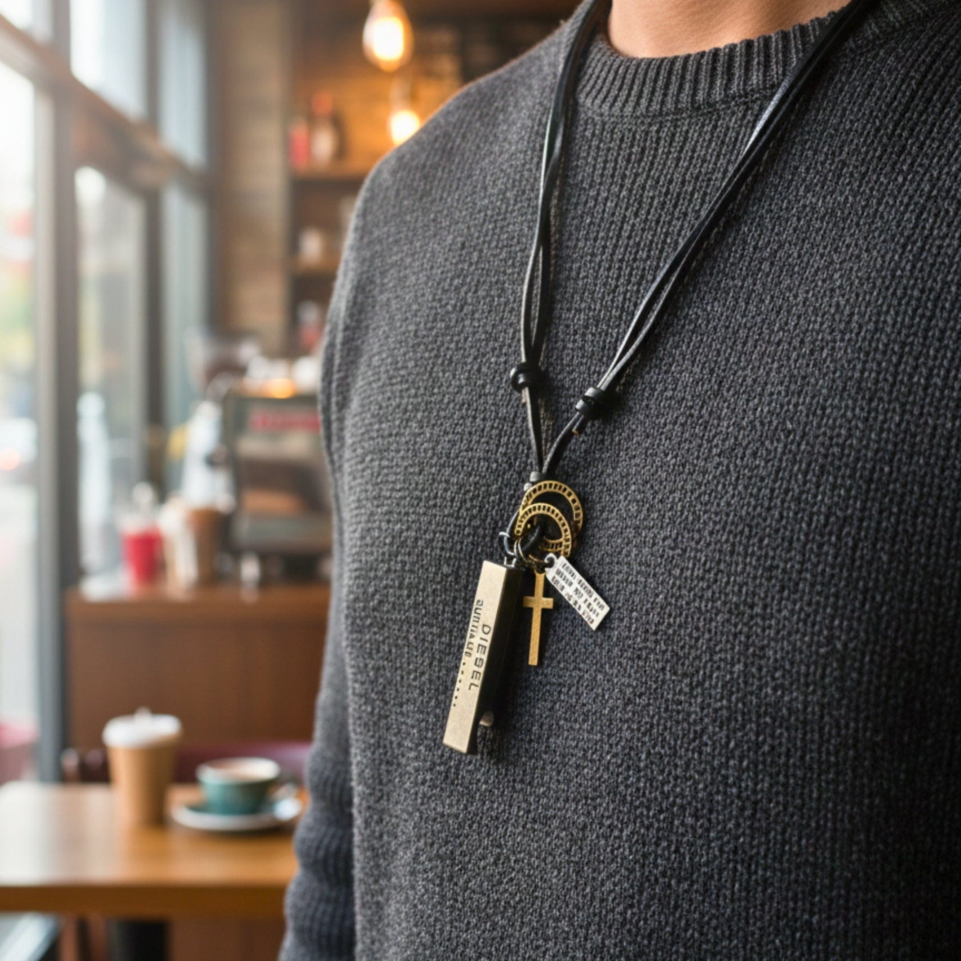 THE MEN THING Leather Necklace DIESEL FAITH – 2-Inch Pure Stainless Steel Pendant with Adjustable Leather Rope for Men & Boys