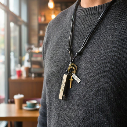 THE MEN THING Leather Necklace DIESEL FAITH – 2-Inch Pure Stainless Steel Pendant with Adjustable Leather Rope for Men & Boys