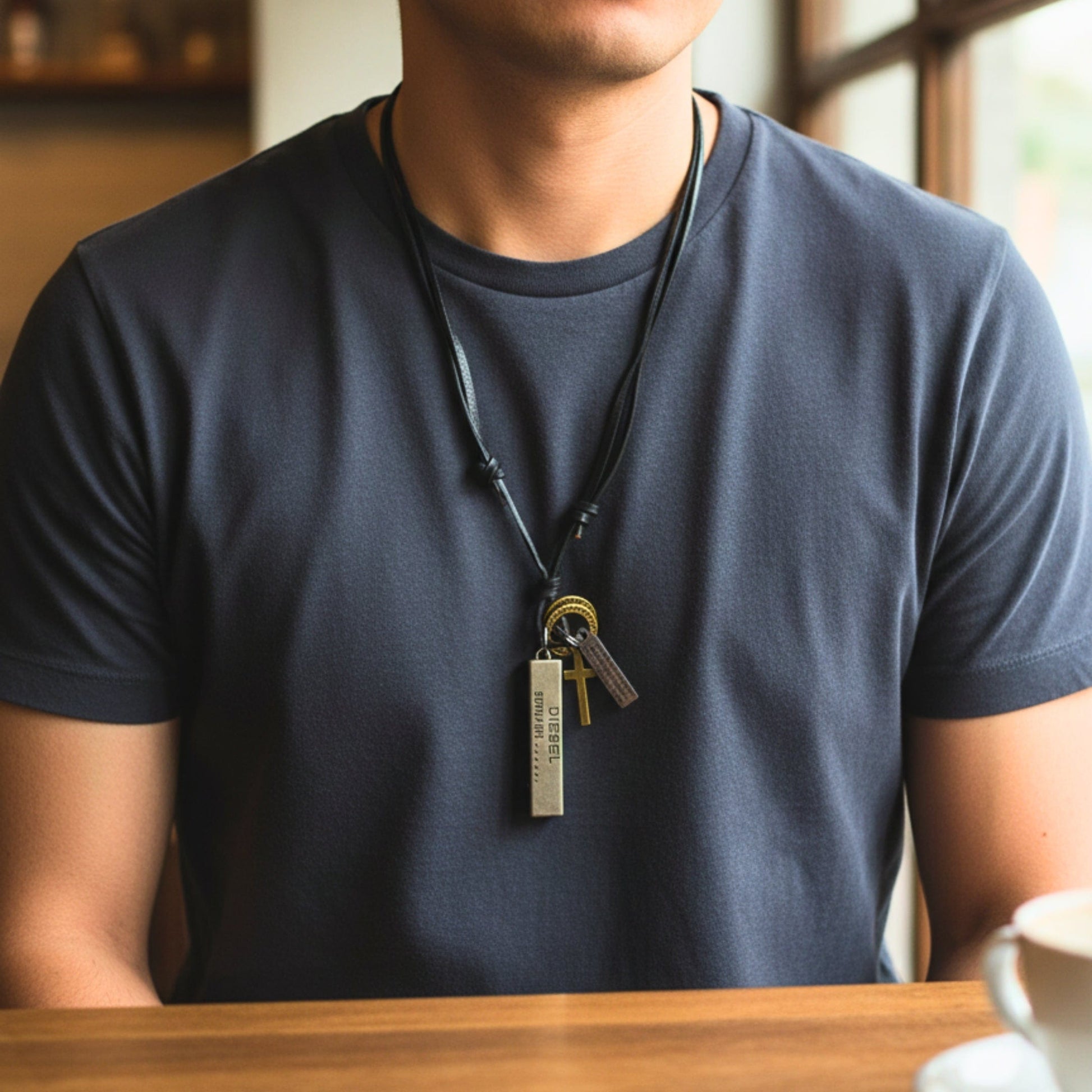 THE MEN THING Leather Necklace DIESEL FAITH – 2-Inch Pure Stainless Steel Pendant with Adjustable Leather Rope for Men & Boys