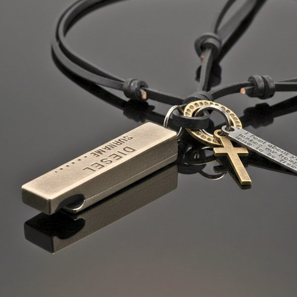 DIESEL FAITH – 2-Inch Pure Stainless Steel Pendant with Adjustable Leather Rope for Men & Boys