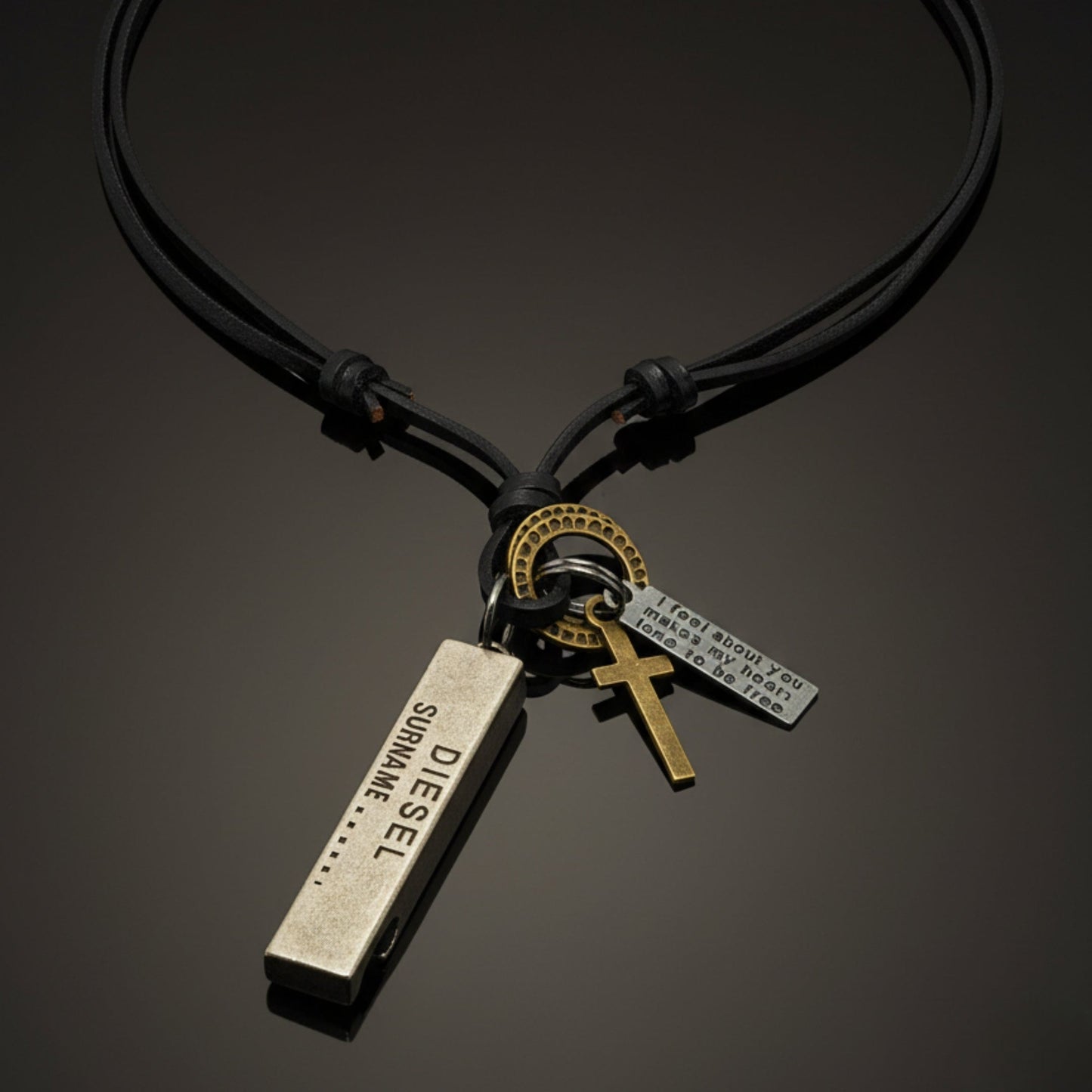 THE MEN THING Leather Necklace DIESEL FAITH – 2-Inch Pure Stainless Steel Pendant with Adjustable Leather Rope for Men & Boys