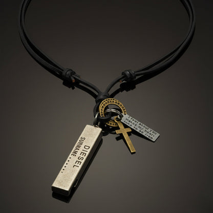 THE MEN THING Leather Necklace DIESEL FAITH – 2-Inch Pure Stainless Steel Pendant with Adjustable Leather Rope for Men & Boys