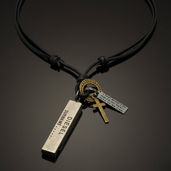 DIESEL FAITH – 2-Inch Pure Stainless Steel Pendant with Adjustable Leather Rope for Men & Boys