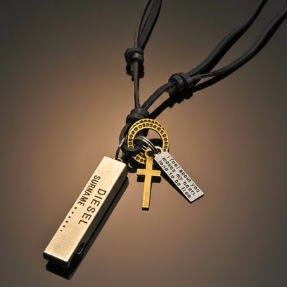 THE MEN THING Leather Necklace DIESEL FAITH – 2-Inch Pure Stainless Steel Pendant with Adjustable Leather Rope for Men & Boys