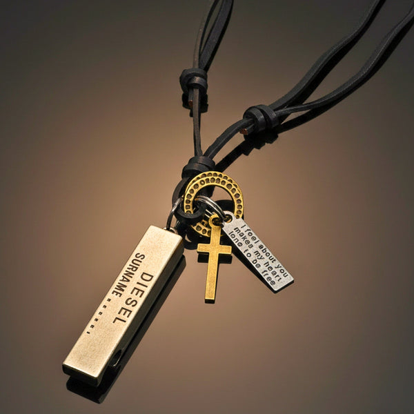 DIESEL FAITH – 2-Inch Pure Stainless Steel Pendant with Adjustable Leather Rope for Men & Boys