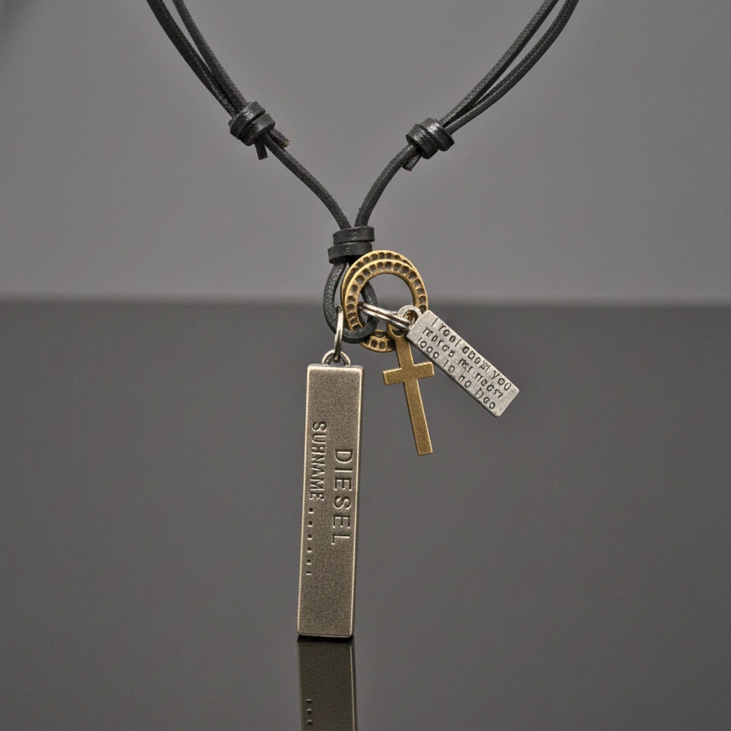 THE MEN THING Leather Necklace DIESEL FAITH – 2-Inch Pure Stainless Steel Pendant with Adjustable Leather Rope for Men & Boys