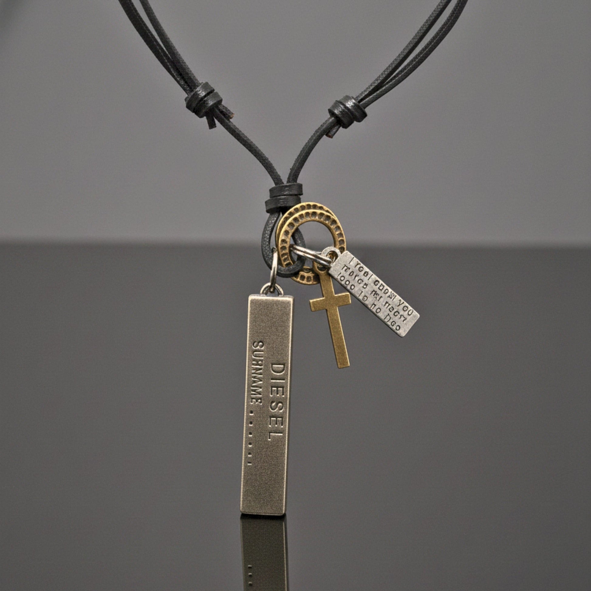 THE MEN THING Leather Necklace DIESEL FAITH – 2-Inch Pure Stainless Steel Pendant with Adjustable Leather Rope for Men & Boys