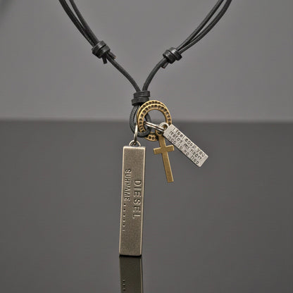 THE MEN THING Leather Necklace DIESEL FAITH – 2-Inch Pure Stainless Steel Pendant with Adjustable Leather Rope for Men & Boys