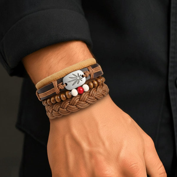 DREAMCATCHER - 4 Pcs Genuine Braided Leather Bracelet Set for Men & Boys (8 inch)