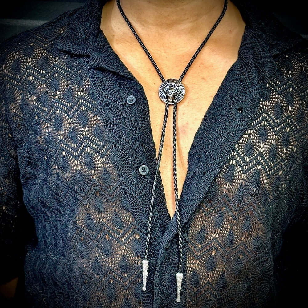 THE MEN THING Leather Necklace ECLIPTIC SKULL - Retro Alloy Pendant Bolo Tie | Adjustable Genuine Leather Cowboy Necktie Necklace for Men & Boys