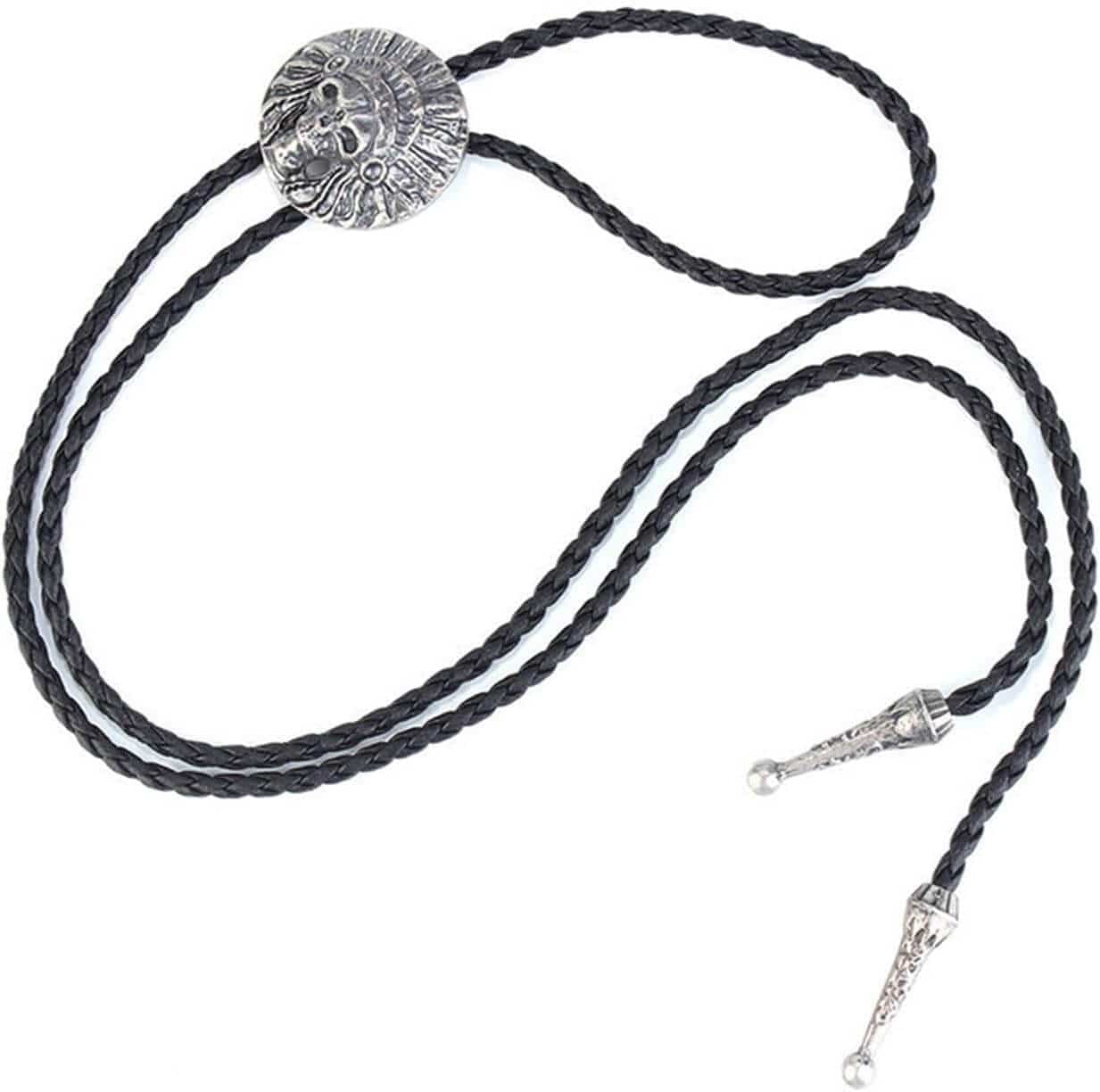 THE MEN THING Leather Necklace ECLIPTIC SKULL - Retro Alloy Pendant Bolo Tie | Adjustable Genuine Leather Cowboy Necktie Necklace for Men & Boys