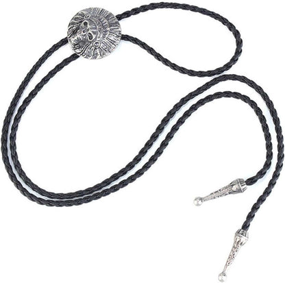 THE MEN THING Leather Necklace ECLIPTIC SKULL - Retro Alloy Pendant Bolo Tie | Adjustable Genuine Leather Cowboy Necktie Necklace for Men & Boys