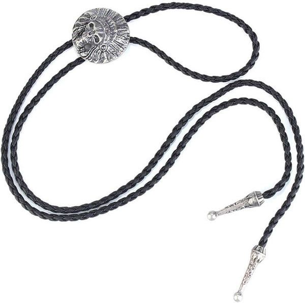 ECLIPTIC SKULL - Retro Alloy Pendant Bolo Tie | Adjustable Genuine Leather Cowboy Necktie Necklace for Men & Boys