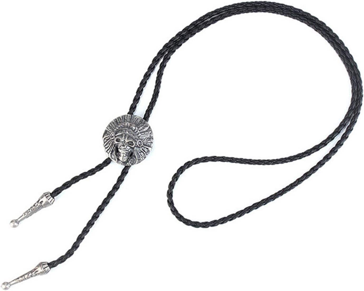 THE MEN THING Leather Necklace ECLIPTIC SKULL - Retro Alloy Pendant Bolo Tie | Adjustable Genuine Leather Cowboy Necktie Necklace for Men & Boys