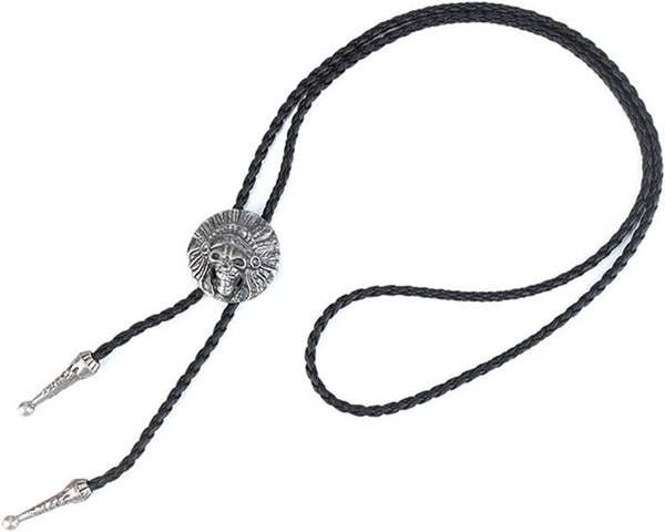 ECLIPTIC SKULL - Retro Alloy Pendant Bolo Tie | Adjustable Genuine Leather Cowboy Necktie Necklace for Men & Boys