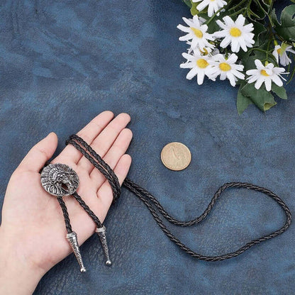 THE MEN THING Leather Necklace ECLIPTIC SKULL - Retro Alloy Pendant Bolo Tie | Adjustable Genuine Leather Cowboy Necktie Necklace for Men & Boys