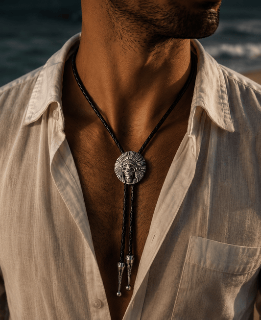 THE MEN THING Leather Necklace ECLIPTIC SKULL - Retro Alloy Pendant Bolo Tie | Adjustable Genuine Leather Cowboy Necktie Necklace for Men & Boys