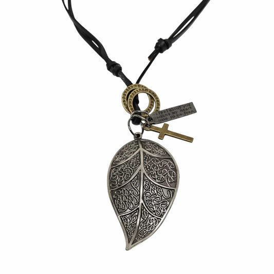 THE MEN THING Leather Necklace ETHEREAL LEAF – 2.5-Inch Pure Stainless Steel Pendant with Adjustable Leather Rope for Men & Boys