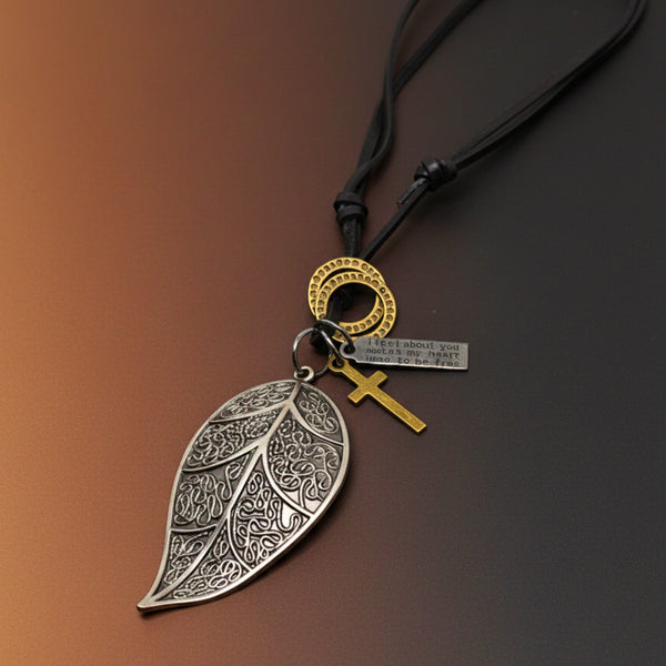 ETHEREAL LEAF – 2.5-Inch Pure Stainless Steel Pendant with Adjustable Leather Rope for Men & Boys