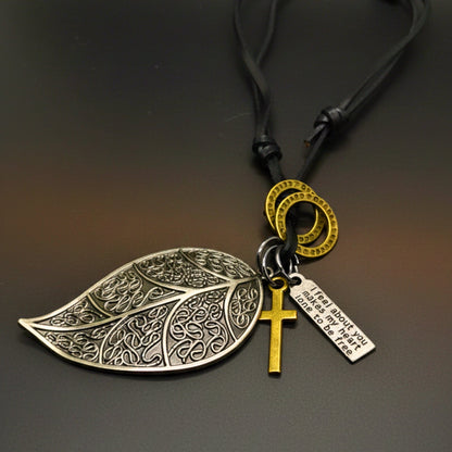 THE MEN THING Leather Necklace ETHEREAL LEAF – 2.5-Inch Pure Stainless Steel Pendant with Adjustable Leather Rope for Men & Boys