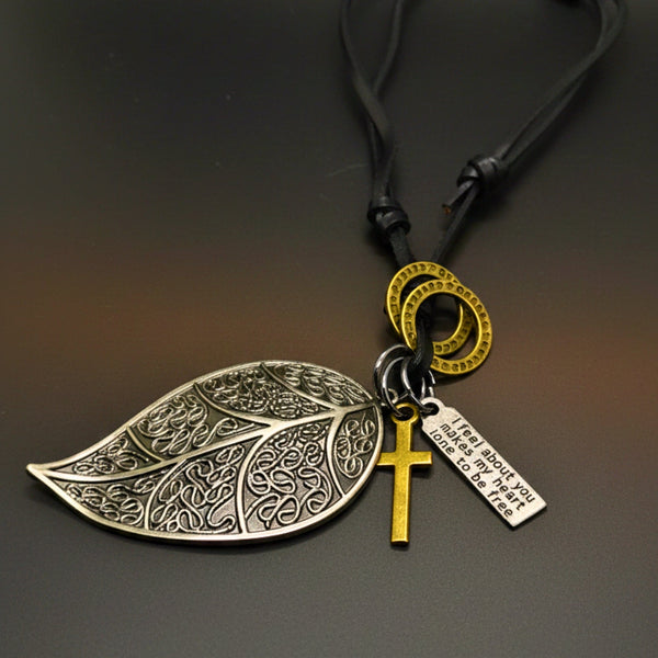 ETHEREAL LEAF – 2.5-Inch Pure Stainless Steel Pendant with Adjustable Leather Rope for Men & Boys