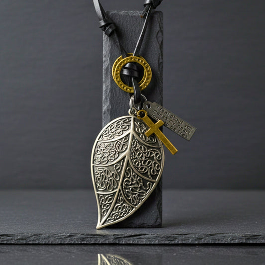 THE MEN THING Leather Necklace ETHEREAL LEAF – 2.5-Inch Pure Stainless Steel Pendant with Adjustable Leather Rope for Men & Boys
