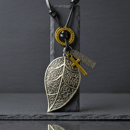 THE MEN THING Leather Necklace ETHEREAL LEAF – 2.5-Inch Pure Stainless Steel Pendant with Adjustable Leather Rope for Men & Boys