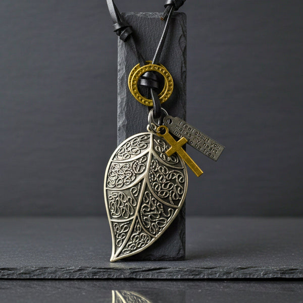 ETHEREAL LEAF – 2.5-Inch Pure Stainless Steel Pendant with Adjustable Leather Rope for Men & Boys