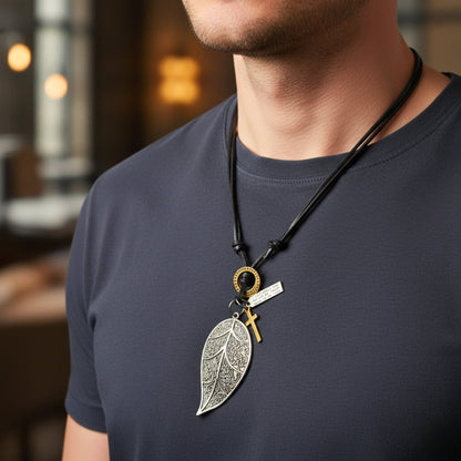 THE MEN THING Leather Necklace ETHEREAL LEAF – 2.5-Inch Pure Stainless Steel Pendant with Adjustable Leather Rope for Men & Boys