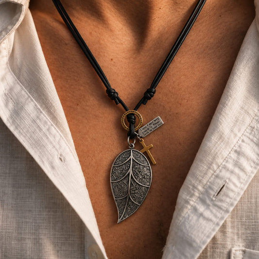 THE MEN THING Leather Necklace ETHEREAL LEAF – 2.5-Inch Pure Stainless Steel Pendant with Adjustable Leather Rope for Men & Boys