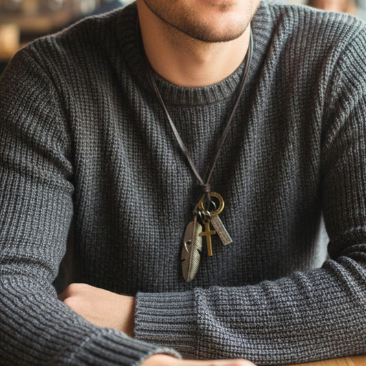 THE MEN THING Leather Necklace FAITH OF FEATHER – 2-Inch Pure Stainless Steel Pendant with Adjustable Leather Rope for Men & Boys