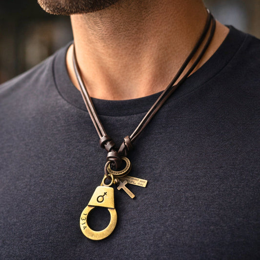 THE MEN THING Leather Necklace FREEDOM CUFF - Titanium Steel Pendant with Adjustable Leather Rope for Men & Boys